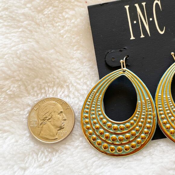 INC Oval Textured Drop Earrings Gold Tone Turquoise New - Picture 4 of 6